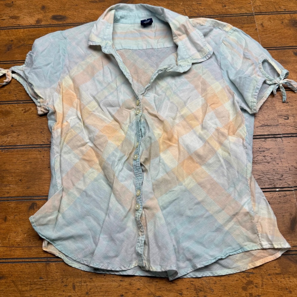 GAP Womens Plaid Button‎ Down Shirt Short Sleeve Tie Sleeve Pastel Size M